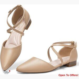 Faux Leather Pointed Toe Flats with Adjustable Ankle Strap